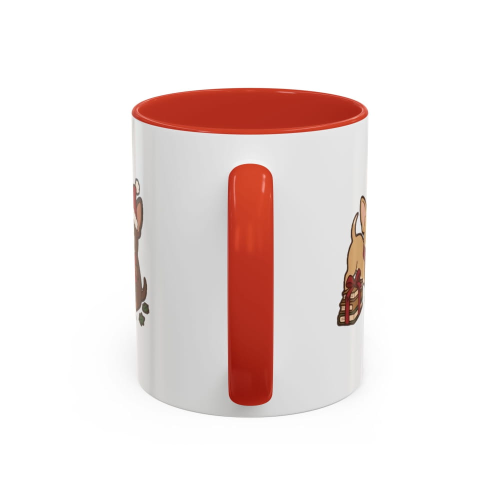 White ceramic mug with a red interior and red handle, back view with partial Chihuahua illustrations on either side of the handle.