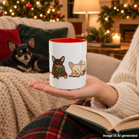 A hand holds a white ceramic mug with a red interior and a Christmas illustration of Chihuahuas reading, while a real black-and-tan Chihuahua rests on a cozy couch.