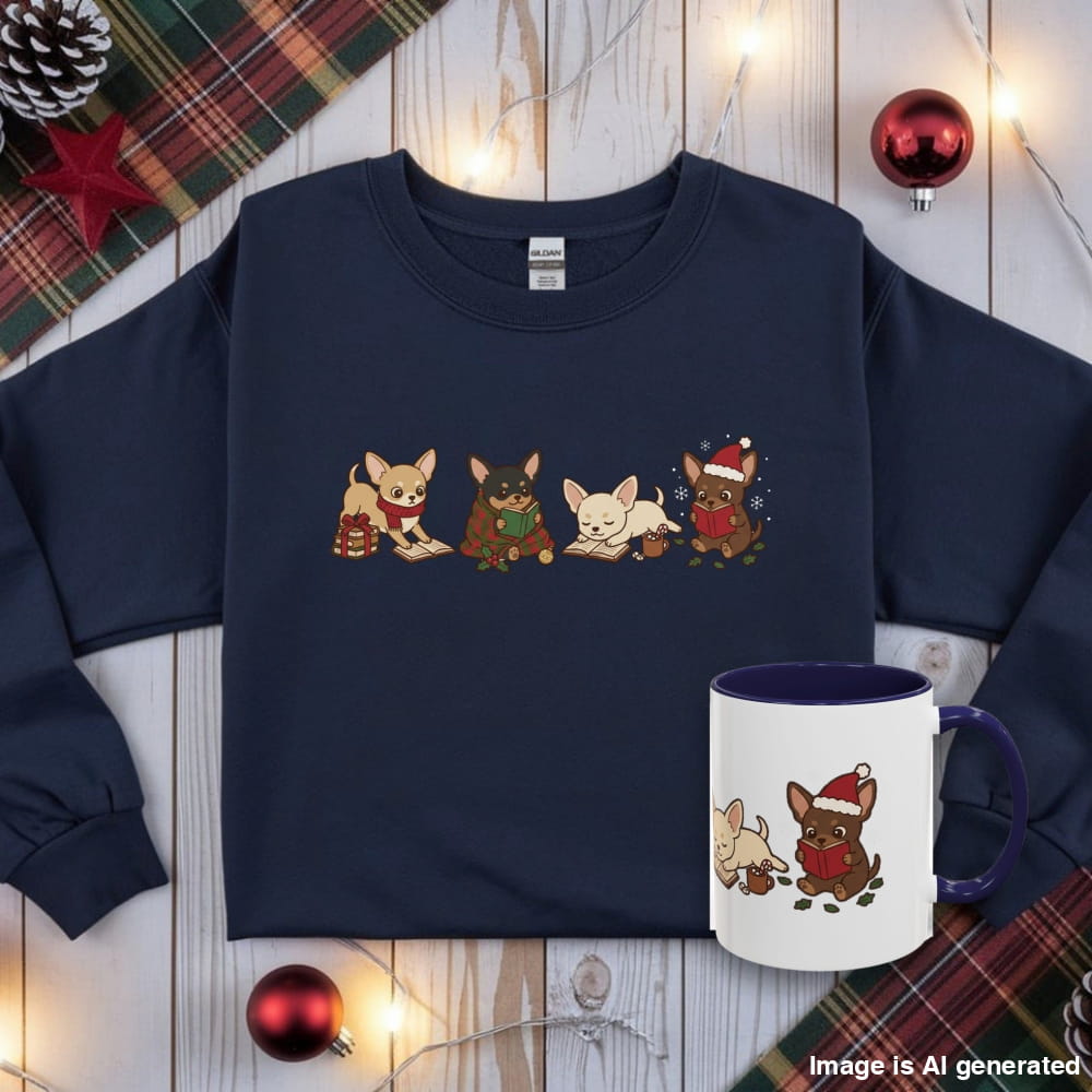 Flat lay of a navy Chihuahua Christmas Reading sweatshirt with four Chihuahuas reading, next to a white mug with a navy interior.