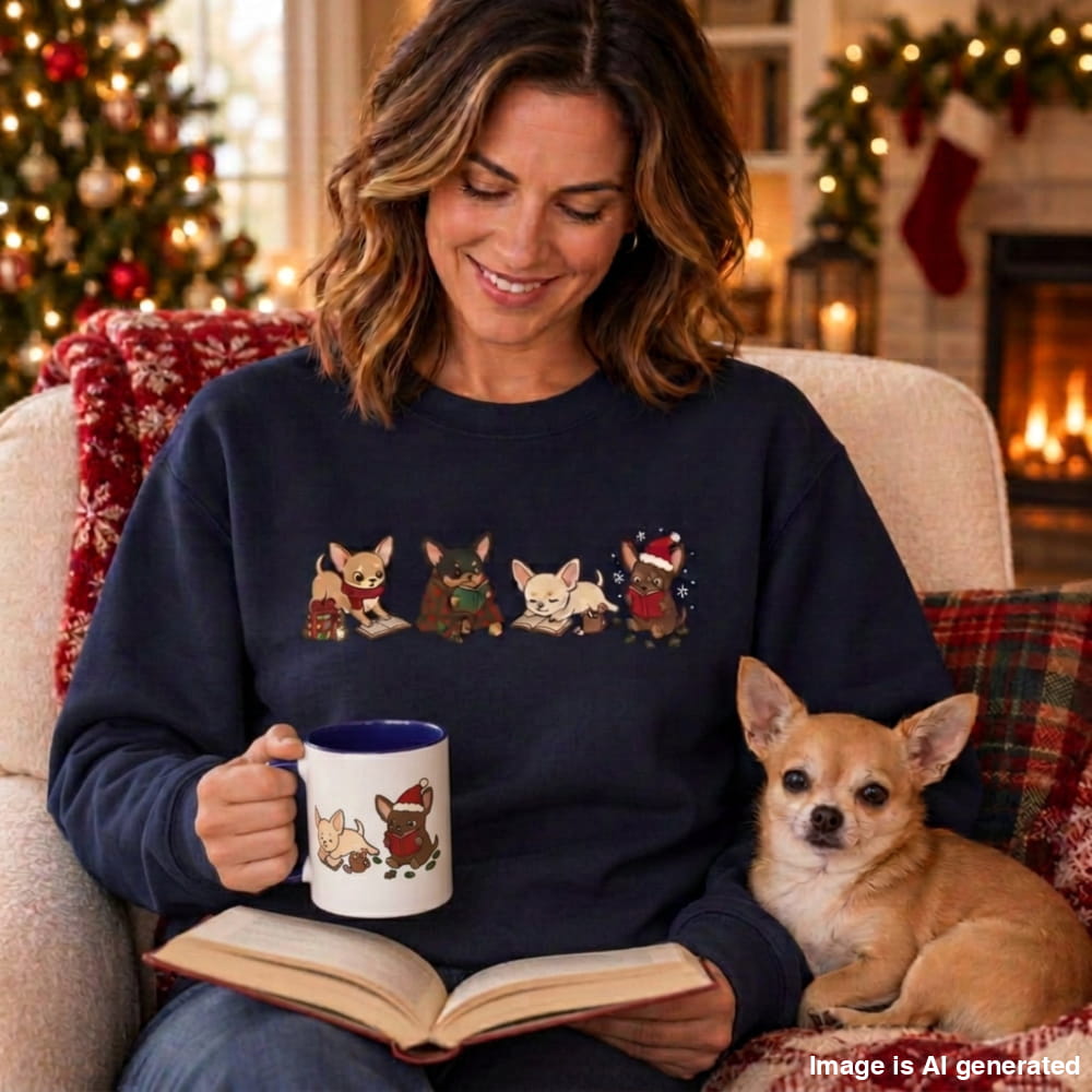 A woman sitting in a cozy living room chair with a small chihuahua dog, wearing a navy blue crewneck sweatshirt featuring a row of cute holiday dog illustrations. She is holding a white mug with a blue interior and an open book.