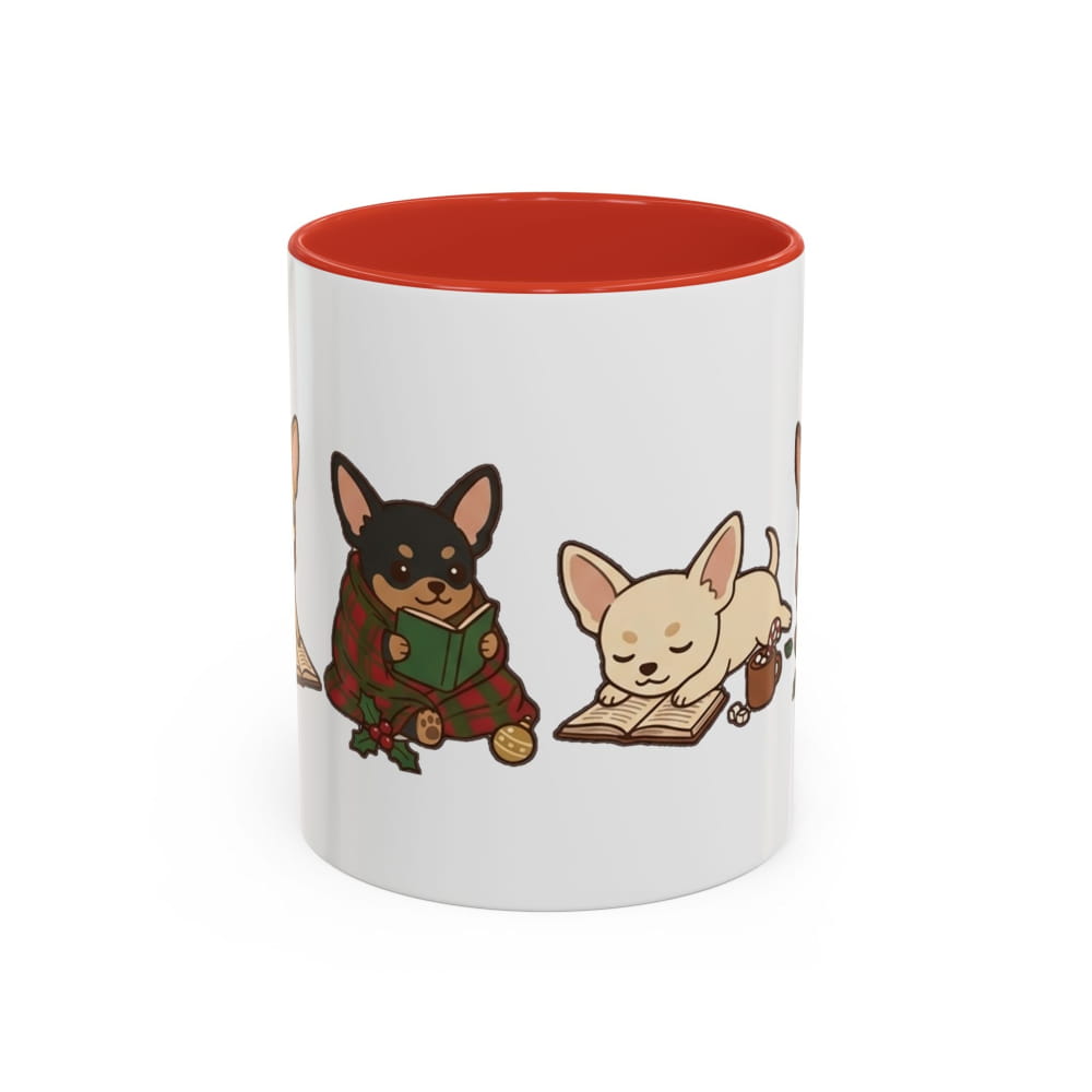 A white ceramic mug with a red interior, featuring a cartoon illustration of two Chihuahuas reading books on the side.