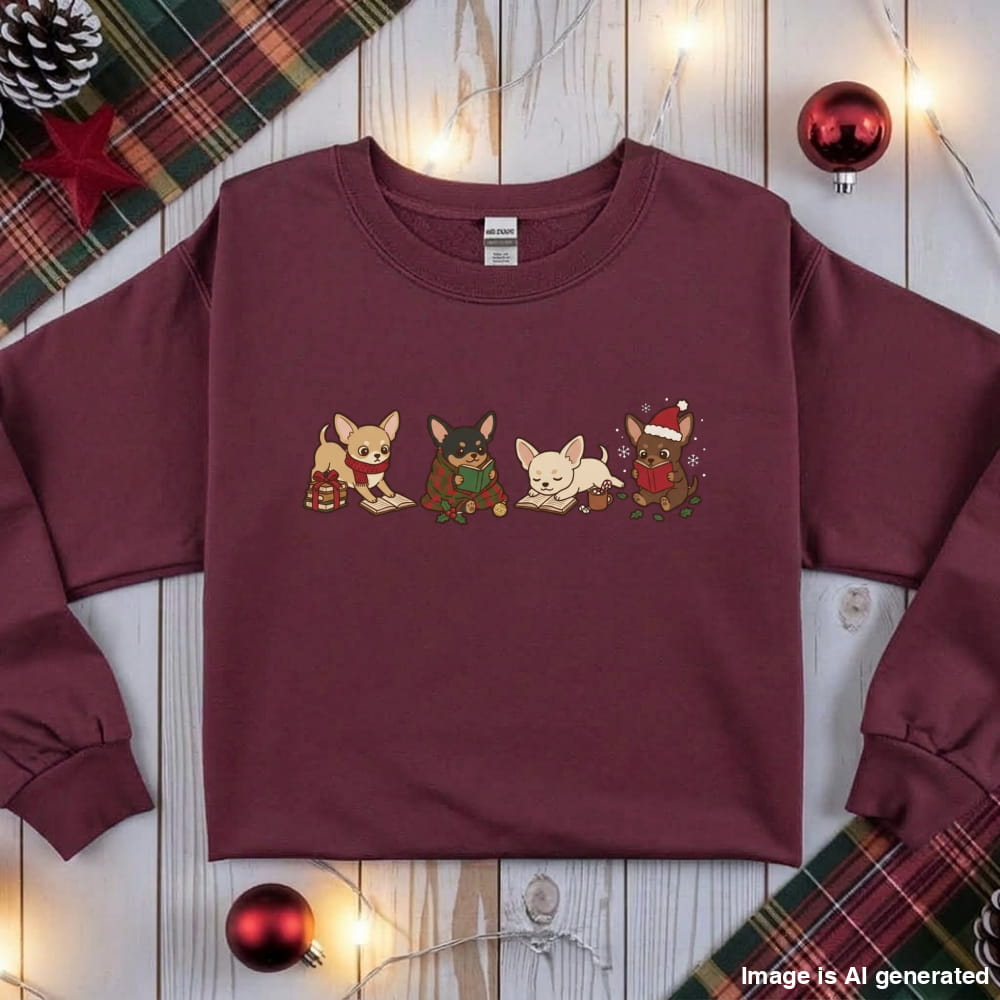 Maroon Chihuahua Christmas Reading Sweatshirt, flat lay with holiday ornaments, string lights and plaid fabric