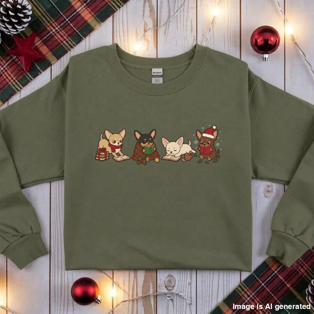Military green Chihuahua Christmas Reading Sweatshirt, flat lay with holiday ornaments, string lights and plaid fabric