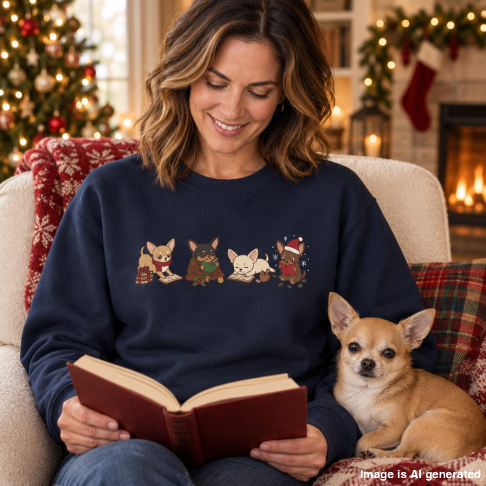 Woman in a navy Chihuahua Christmas Reading Sweatshirt reading a book in a cozy, Christmas-decorated room with her small dog beside her