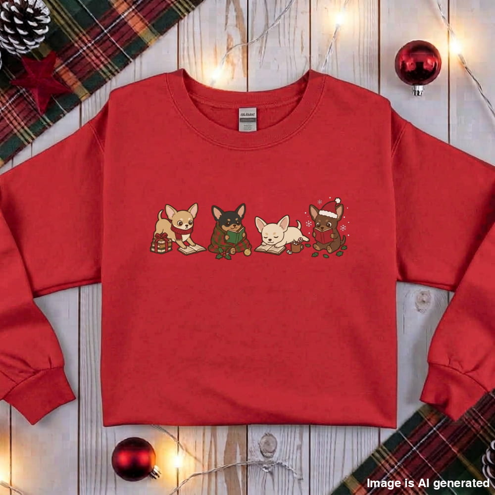 Red Chihuahua Christmas Reading Sweatshirt, flat lay with holiday ornaments, string lights and plaid fabric