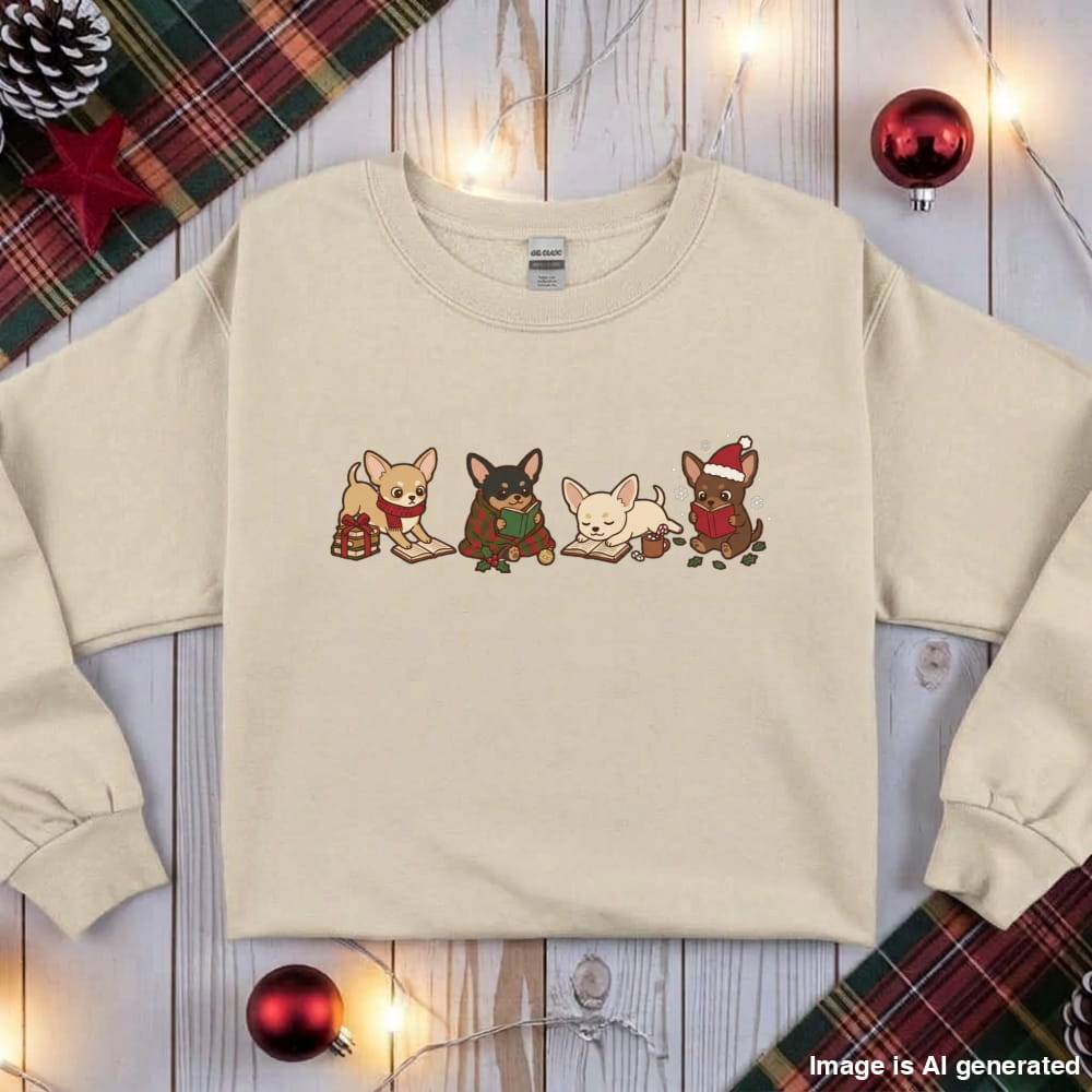Sand Chihuahua Christmas Reading Sweatshirt, flat lay with holiday ornaments, string lights and plaid fabric