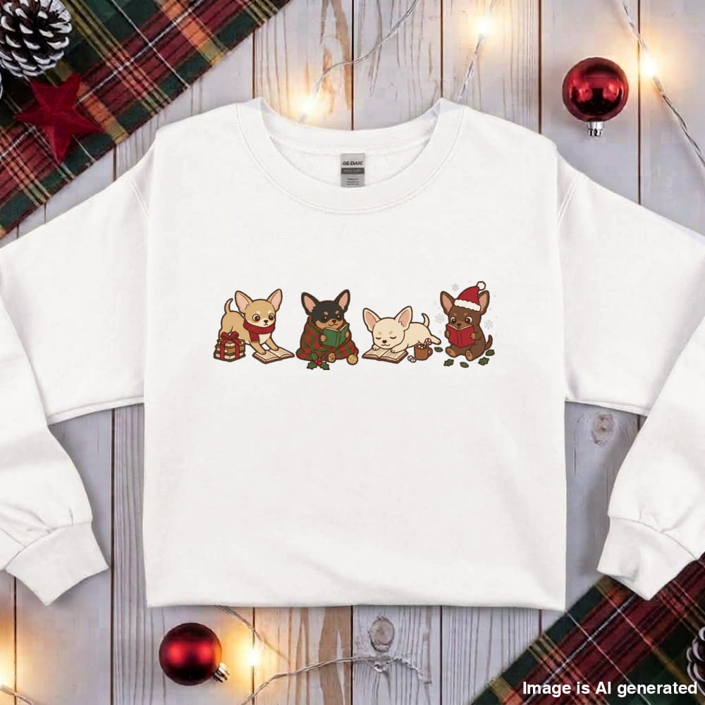 White Chihuahua Christmas Reading Sweatshirt, flat lay with holiday ornaments, string lights and plaid fabric