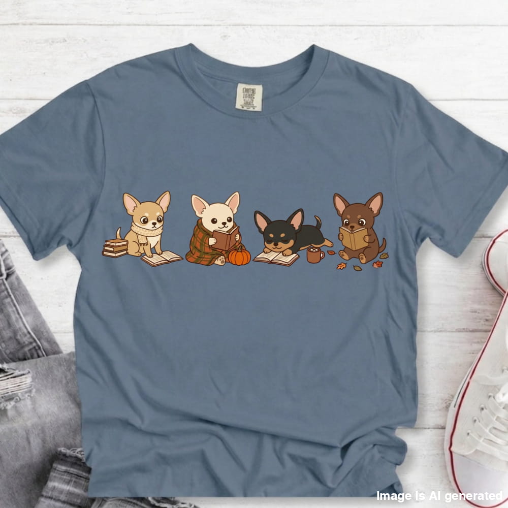 Chihuahua Cozy Autumn Reading Premium Tee - Blue Jean / S - T-SHIRTS