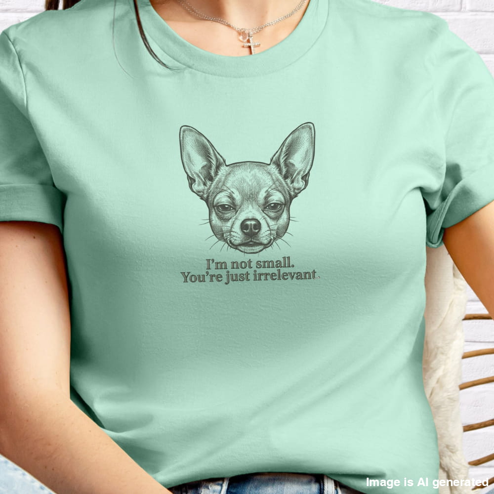 Person wearing a light green t-shirt with a dog illustration and text.