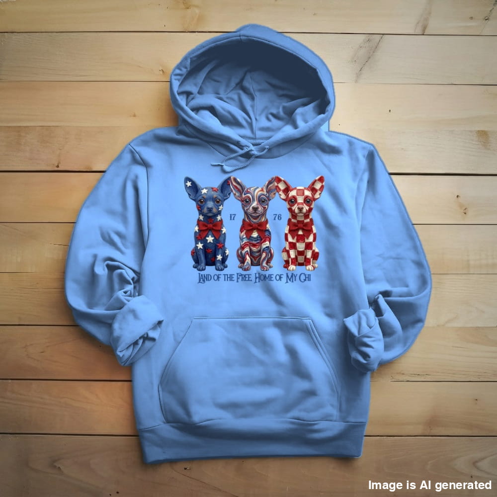 Chihuahua Land of the Free hoodie in Carolina Blue, front view with three patriotic Chihuahuas