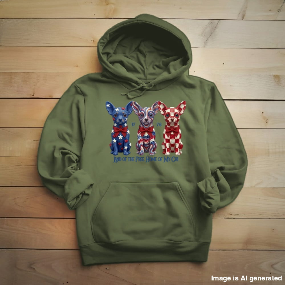 Chihuahua Land of the Free hoodie in Military Green, front view with three patriotic Chihuahuas