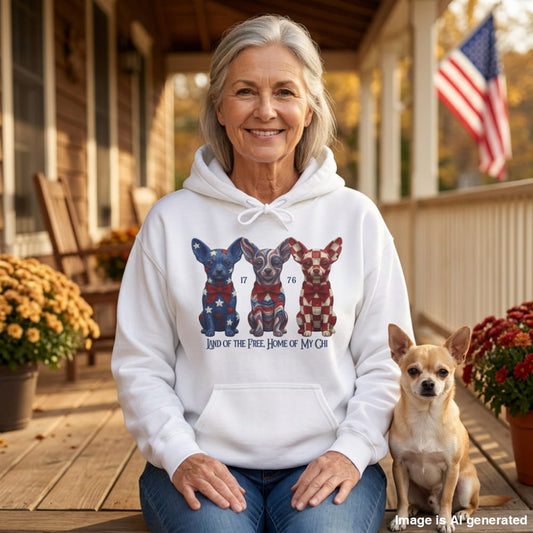 Chihuahua Land of the Free hoodie in White, front view with three patriotic Chihuahuas