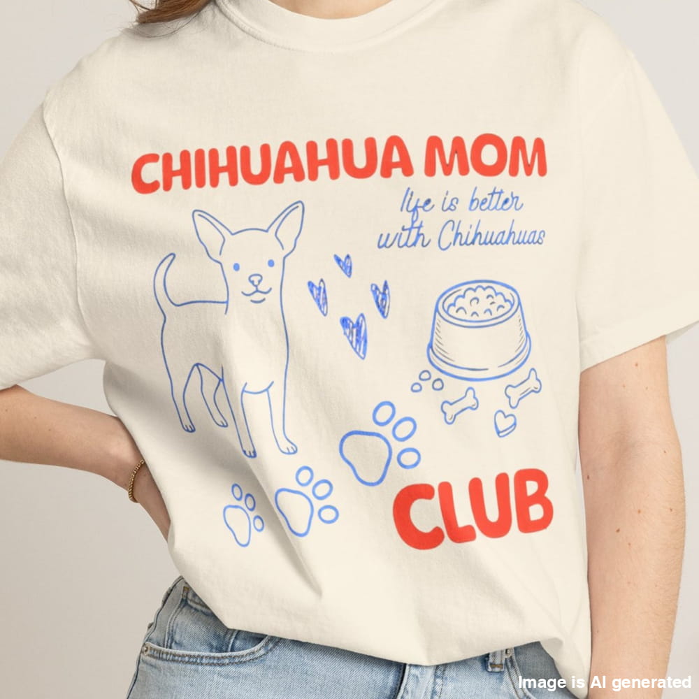 Person wearing a t-shirt with 'Chihuahua Mom Club' text and graphics.