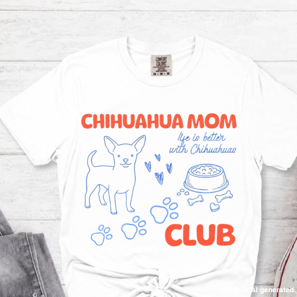 White t-shirt with 'Chihuahua Mom Club' text and graphics on a light wooden surface.