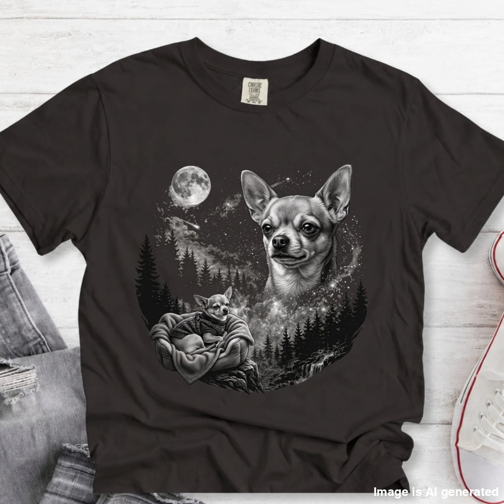 A black short-sleeve graphic T-shirt laid flat on a white wood surface, featuring a grayscale print of a Chihuahua moon dog and a Star Wars Yoda figure. Partial jeans and a white sneaker are visible at the edges as styling props.