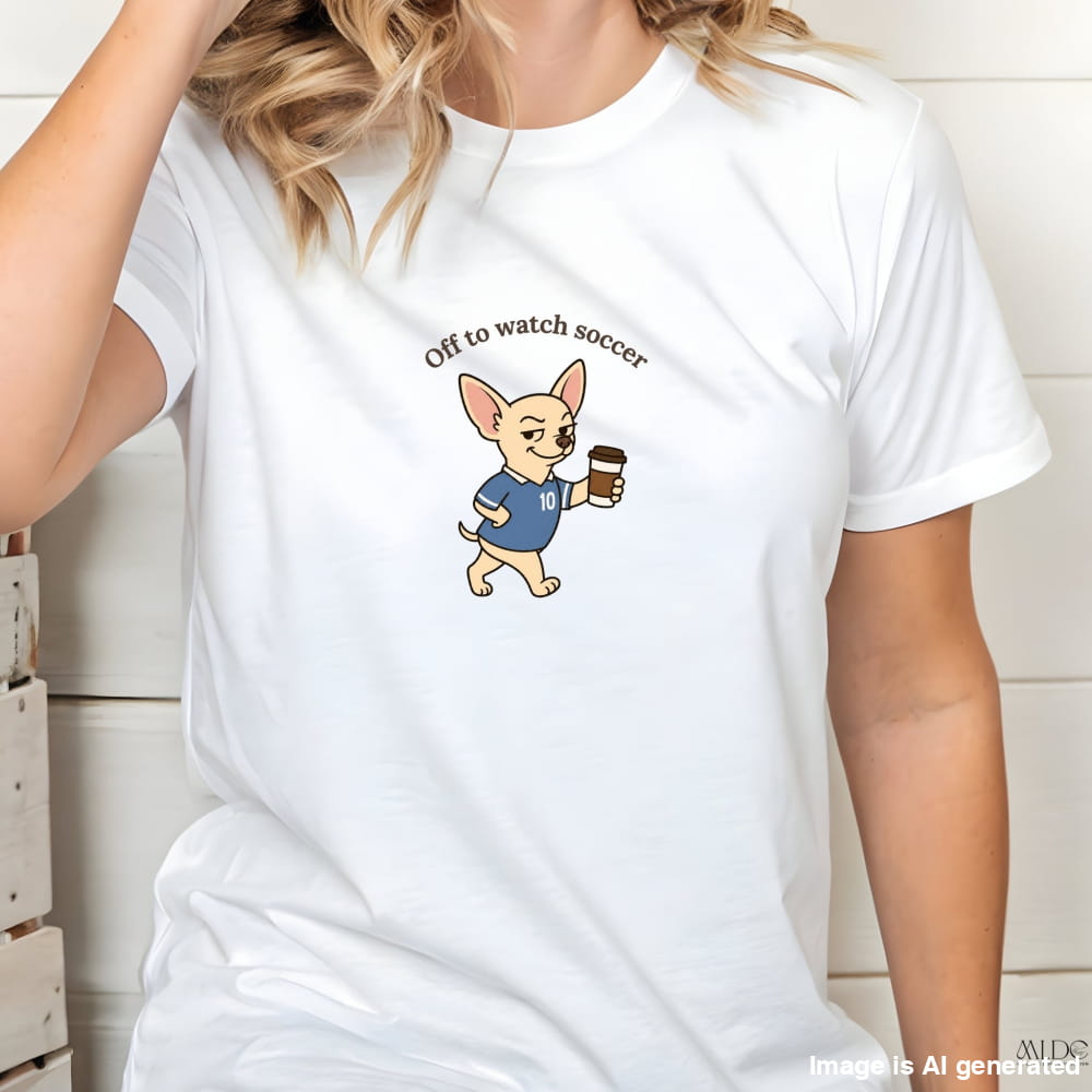 White t-shirt with a cartoon dog holding a coffee cup and text 'Off to watch soccer' on a wooden background.