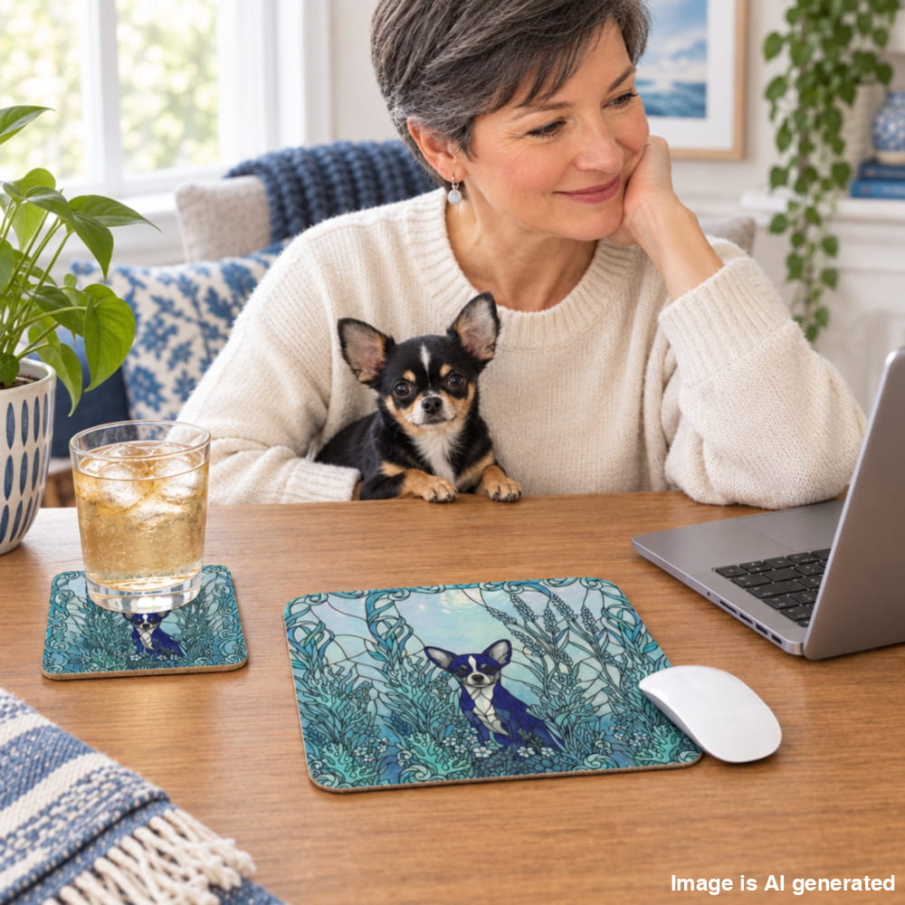 A woman at a wooden desk with a small black-and-tan dog on her lap. On the desk are two printed coasters/mouse pads featuring a blue and teal illustrated dog in a grassy field, alongside a glass of iced drink, laptop, and mouse.