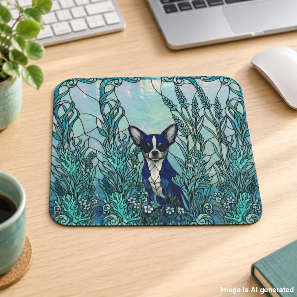 A rectangular desk mat with rounded corners sits on a light wood desk. The mat features an artistic stained-glass style illustration of a Boston Terrier surrounded by blue and teal botanical motifs.