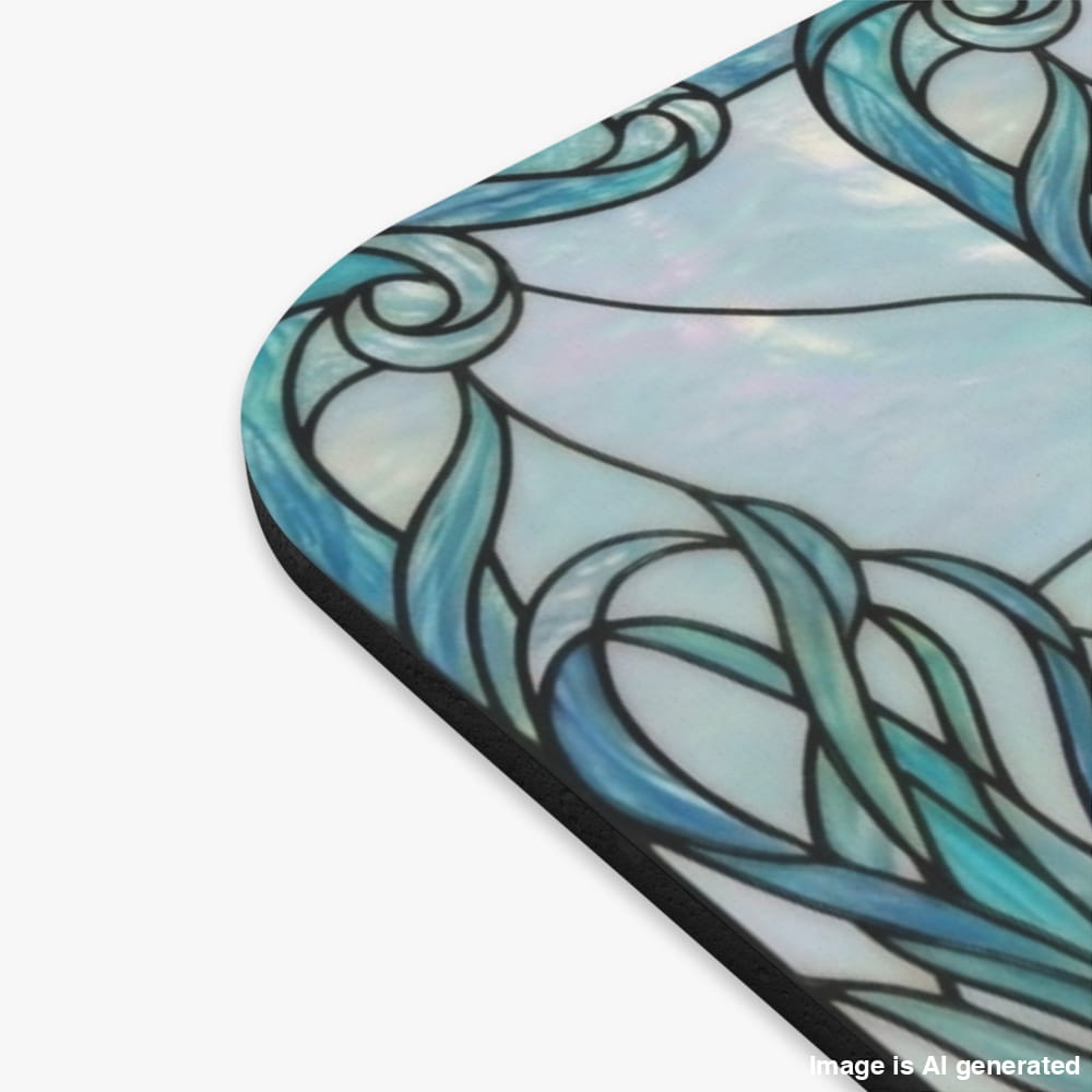 A close-up of a rounded-corner product featuring an Art Nouveau stained-glass style design with swirling teal, aqua, and white patterns outlined in black.