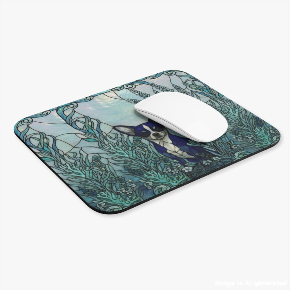 A rectangular mouse pad with rounded corners featuring an Art Nouveau style illustration of a French Bulldog in a blue and teal ocean scene. A white computer mouse is placed on top of the pad.