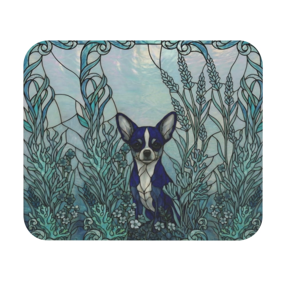 A square mouse pad with rounded corners featuring a stained-glass style illustration of a blue and white Chihuahua surrounded by teal and blue botanical motifs, shown on a plain white background.