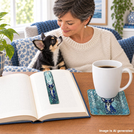 A woman with short gray hair sits on a blue patterned couch reading in a cozy living room, with a small black-and-tan dog beside her. In the foreground, an open book on a wooden table has a decorative blue dog-themed bookmark resting inside, next to a white mug of coffee on a matching blue patterned coaster.