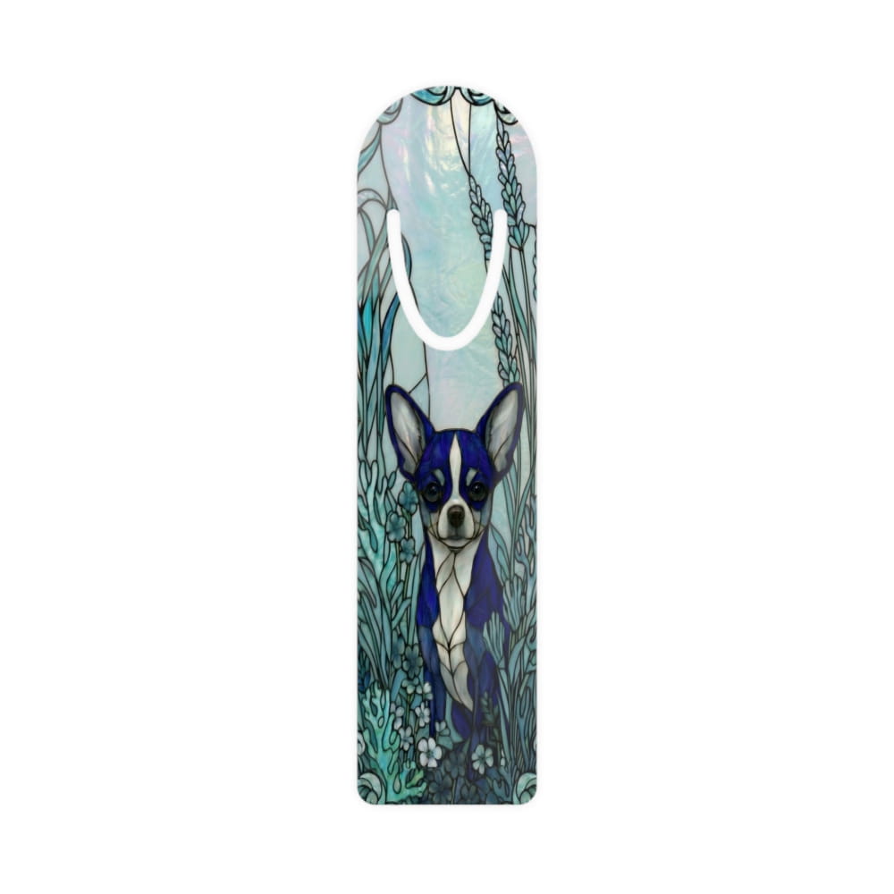 A long, narrow gift bag or tote with a printed illustration of a Boston Terrier dog in a stained-glass style, featuring blue, teal, white, and gray tones, shown on a plain white background.