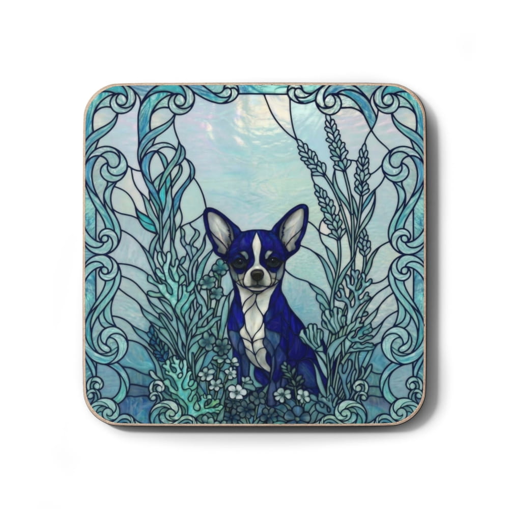 A square coaster featuring a stained-glass-style illustration of a Boston Terrier surrounded by blue and teal botanical motifs, shown on a clean white background.
