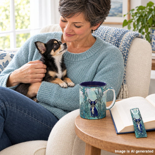A woman in a cozy living room setting holds a small black and tan dog while wearing a light blue knit sweater. In the foreground, a matching blue ceramic mug and bookmark featuring a dog illustration sit on a wooden side table next to an open book.
