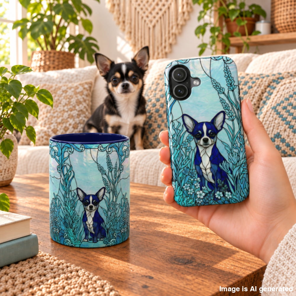 A hand holds a smartphone case and a matching cylindrical mug printed with a blue and white Chihuahua illustration, set on a wooden table in a cozy living room with a small dog sitting on the couch behind.