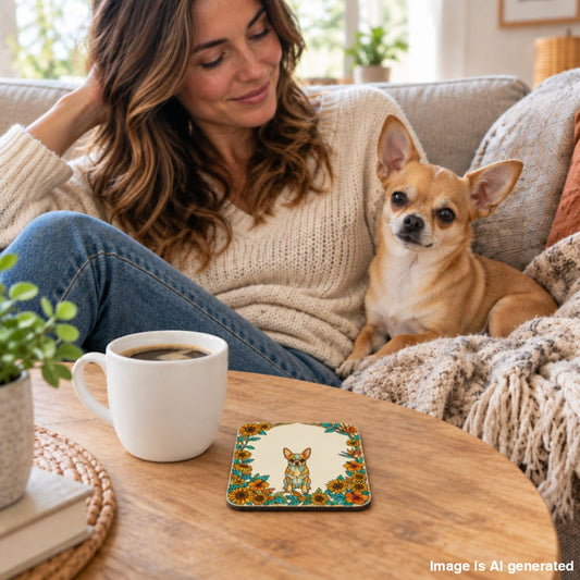 A woman relaxing with her tan Chihuahua on a sofa while a Chihuahua Sun & Joy Stained Glass Style coaster sits beside a white mug on the coffee table.