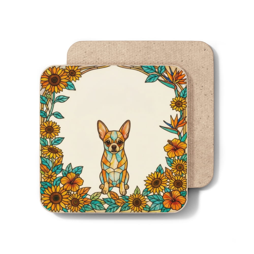 Two square cork coasters stacked, with the top coaster showing a printed design of a small dog in a geometric pattern surrounded by a sunflower border, on a white background.