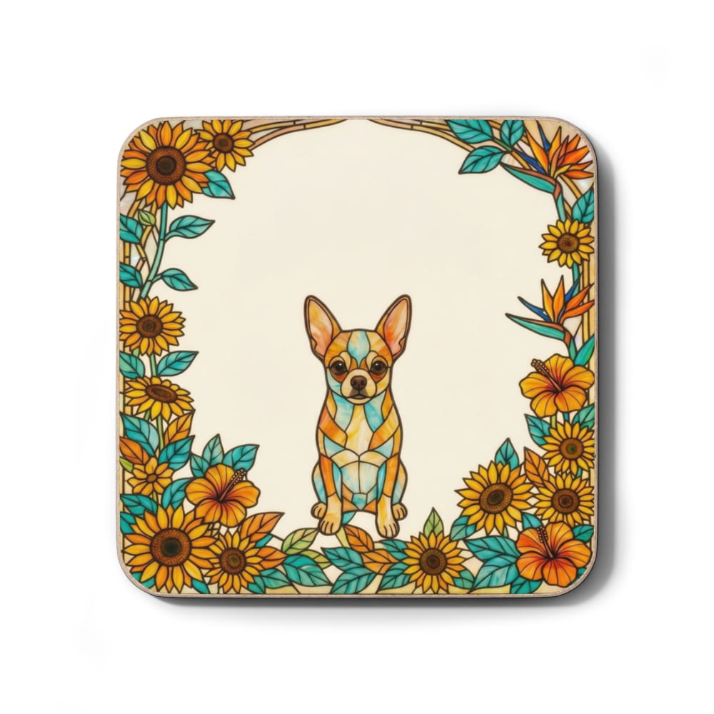 A square coaster with rounded corners featuring a colorful illustration of a Chihuahua dog in the center, surrounded by a border of sunflowers, leaves, and orange flowers on a cream background.