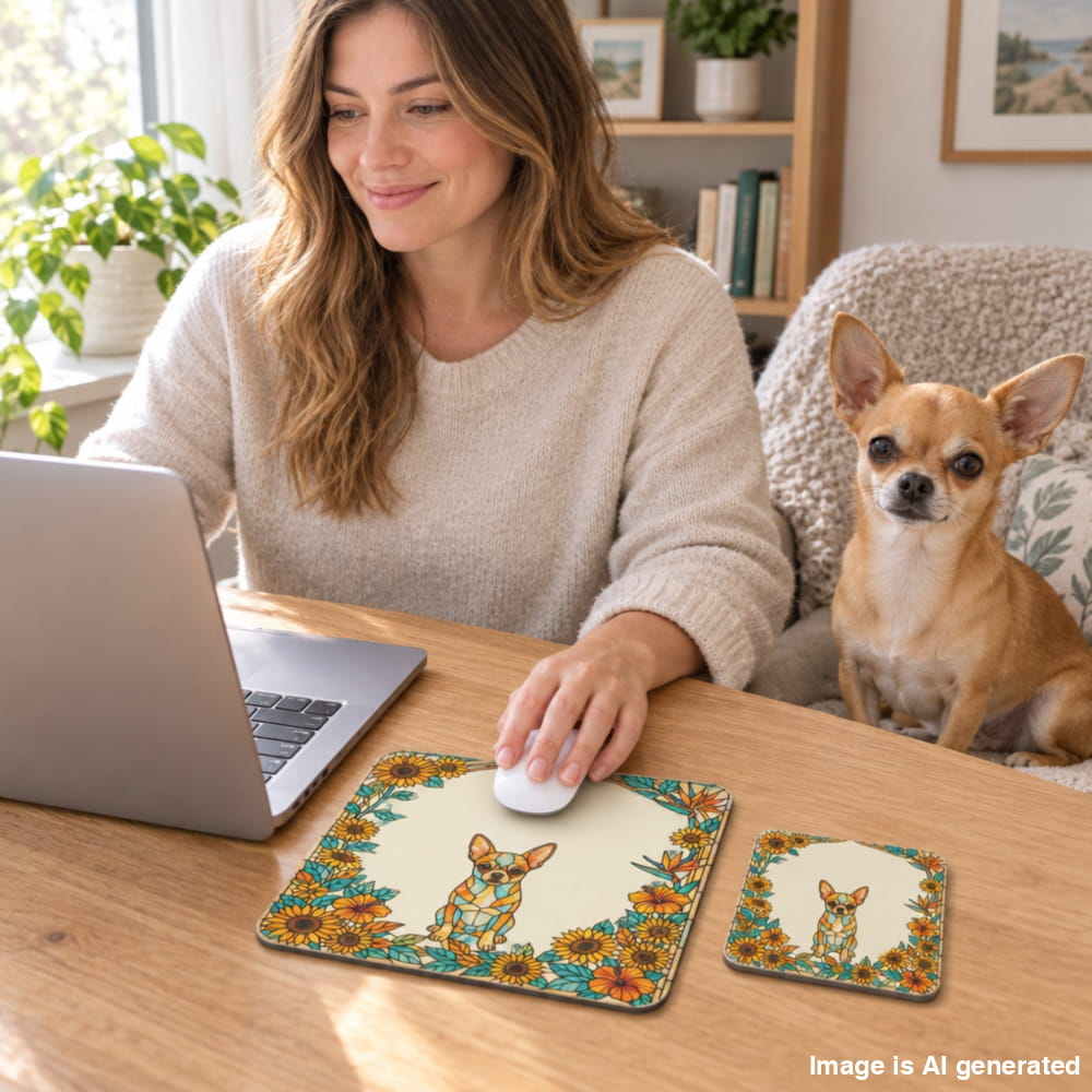 A woman at a wooden desk uses a white mouse on a square mouse pad with a chihuahua and sunflower design. A small chihuahua sits on a couch in the background.