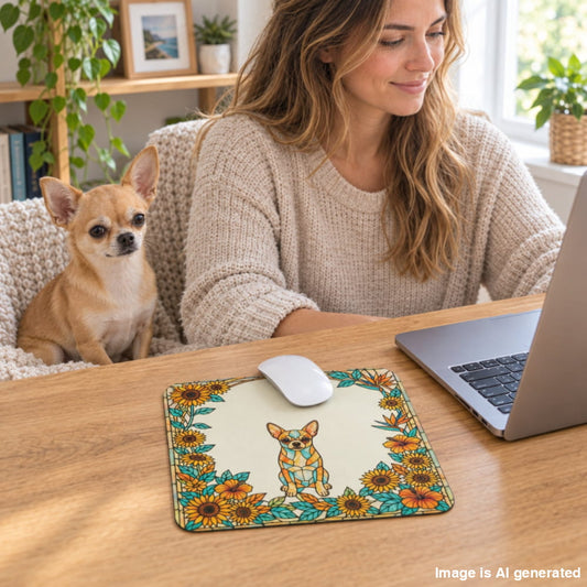A woman working at a desk with her Chihuahua beside her and a Chihuahua Sun & Joy Stained Glass Style mouse pad under a computer mouse.