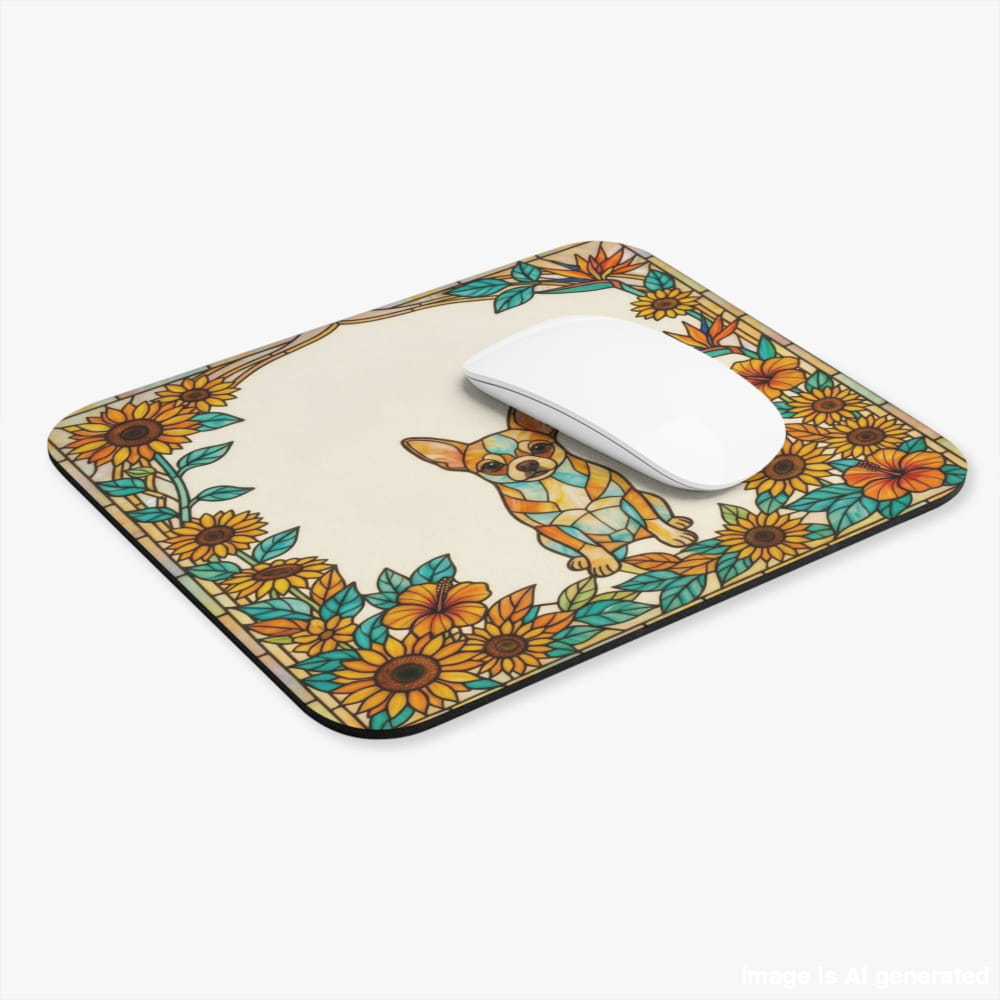 A rectangular mouse pad with rounded corners featuring a stained-glass style illustration of a small dog surrounded by sunflowers and green leaves, shown on a light gray background with a white computer mouse resting on top.