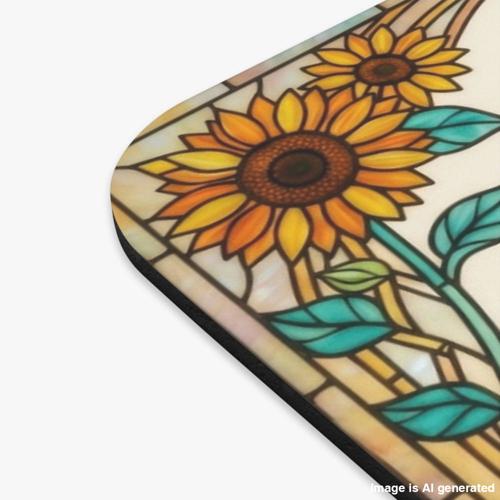 A close-up of a stained-glass-style sunflower design on a rectangular item with rounded corners, shown against a plain light background. The design features yellow and orange petals, brown flower centers, teal and green leaves, and cream-colored paneled sections.