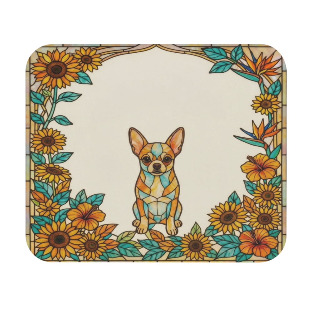 A square decorative plate or tray with rounded corners, featuring a stained-glass style illustration of a small dog centered within a floral border of sunflowers and teal leaves on a cream background.