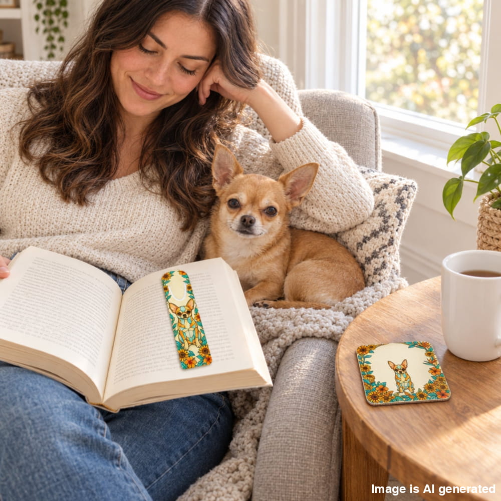 A woman in a cozy living room setting reads an open book while a small tan Chihuahua rests on her lap. The product shown is a decorative book bookmark and matching coaster, both featuring a colorful illustration of a small dog surrounded by flowers and leaves.