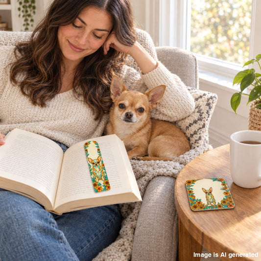 A woman in a cozy living room setting reads an open book while a small tan Chihuahua rests on her lap. The product shown is a decorative book bookmark and matching coaster, both featuring a colorful illustration of a small dog surrounded by flowers and leaves.