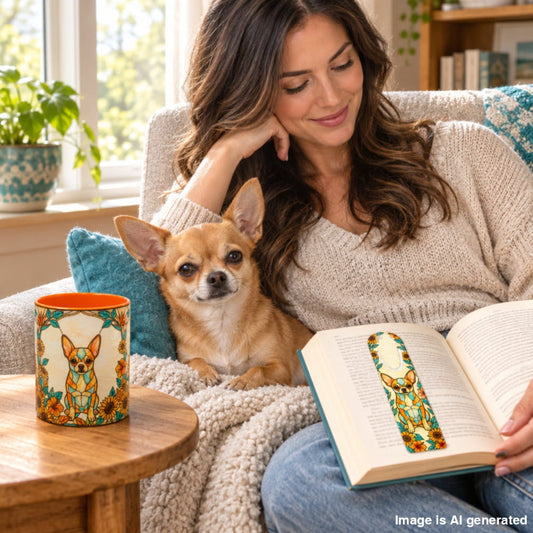 A woman in a cozy living room setting reads a book while a small tan dog sits beside her. On the table next to her is a ceramic mug with a matching illustrated design featuring a deer and floral motifs.