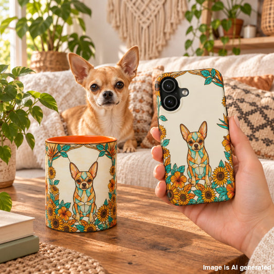 A hand holds a phone case featuring a chihuahua dog illustration in a geometric mosaic pattern, surrounded by sunflowers and leaves. In the background, a small chihuahua sits on a couch, and a matching ceramic mug with an orange interior is on a wooden table in a cozy living room setting.
