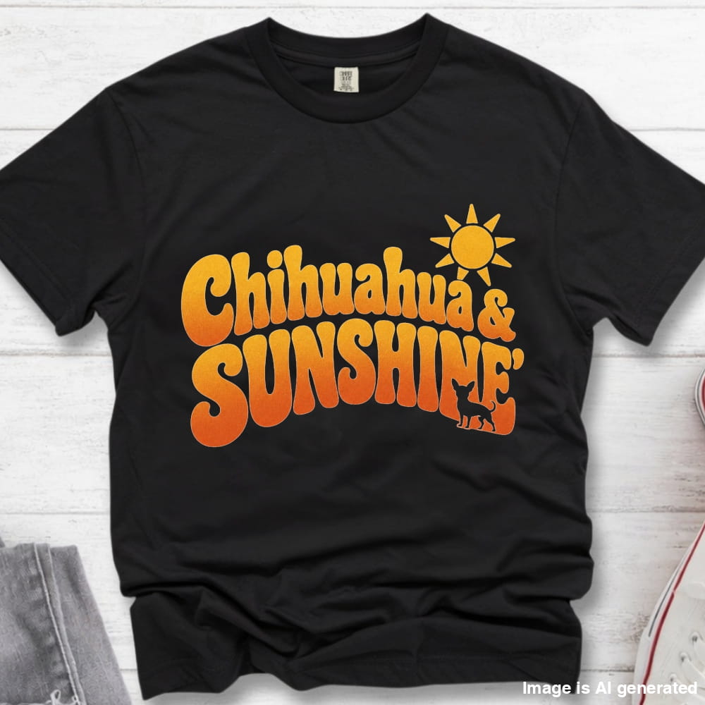 Chihuahua Sunshine retro black t-shirt flat lay mockup for dog moms with yellow colored text "Chihuahuas & Sunshine".