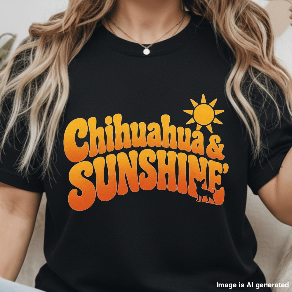 Chihuahua Sunshine retro black t-shirt for dog moms with yeloow colored text "Chihuahuas & Sunshine".