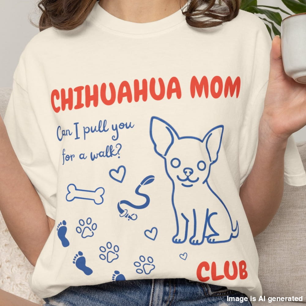 Person wearing a t-shirt with 'Chihuahua Mom Club' design, holding a cup.