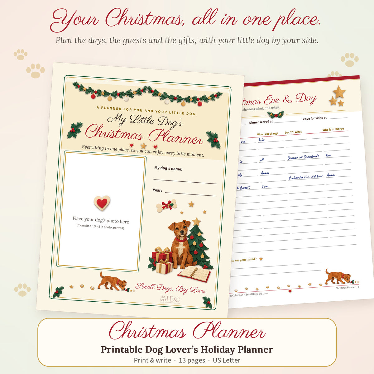 Printable Christmas planner cover with a paper-cut style dog, Christmas tree and gifts, next to a filled-in Christmas Eve and Day page