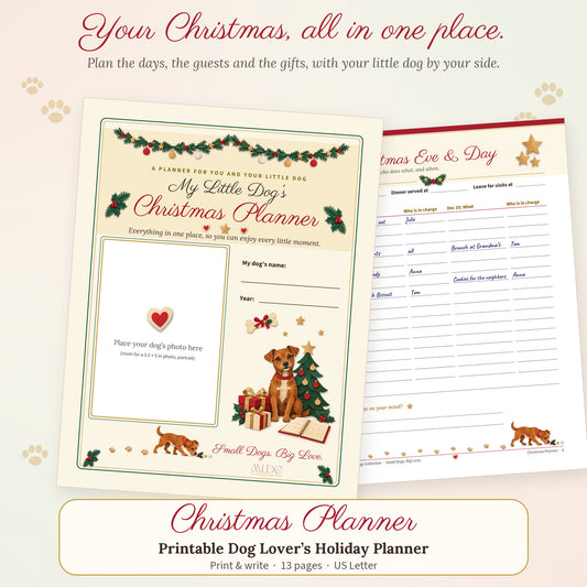 Printable Christmas planner cover with a paper-cut style dog, Christmas tree and gifts, next to a filled-in Christmas Eve and Day page