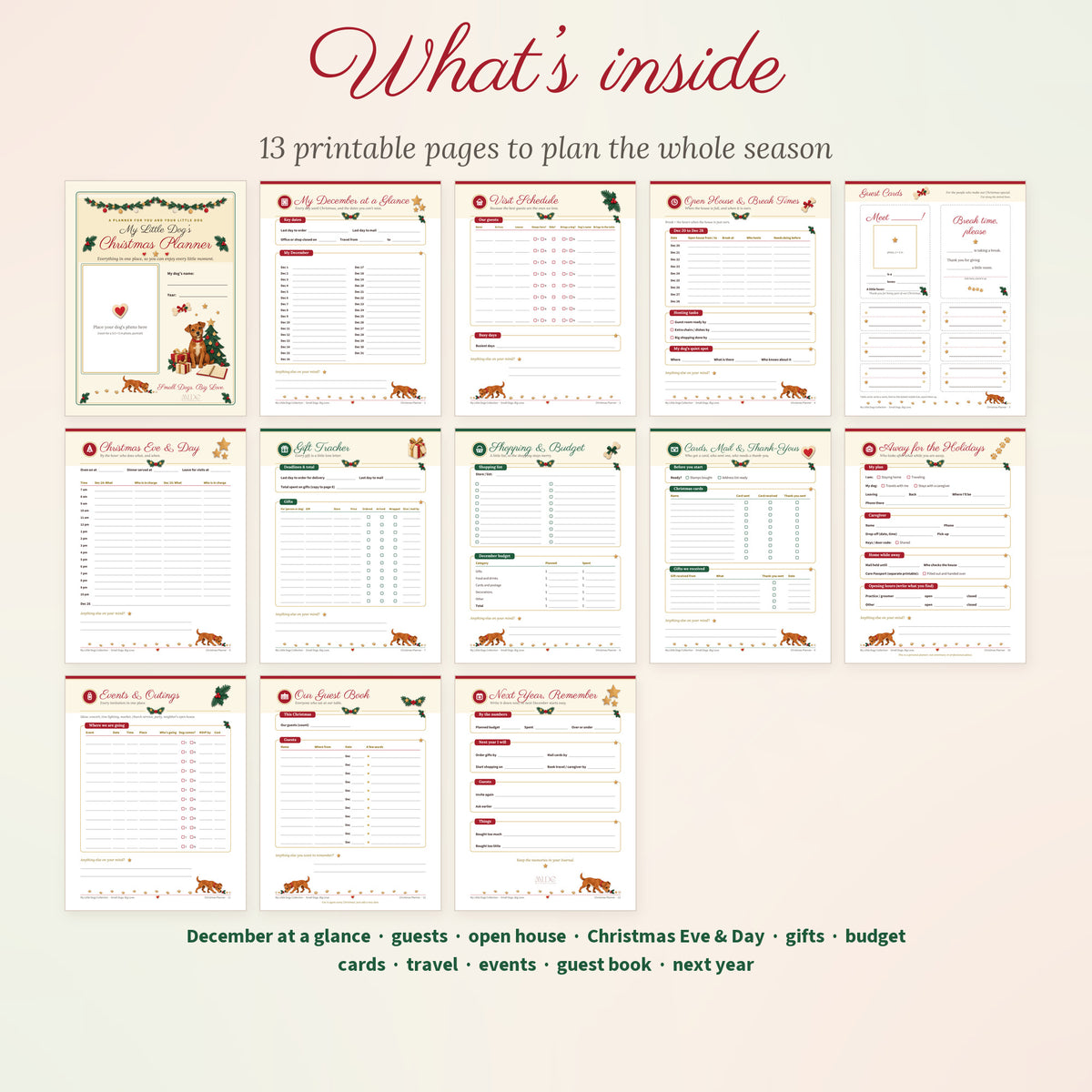 Overview of all 13 printable planner pages from December at a glance to next year, remember