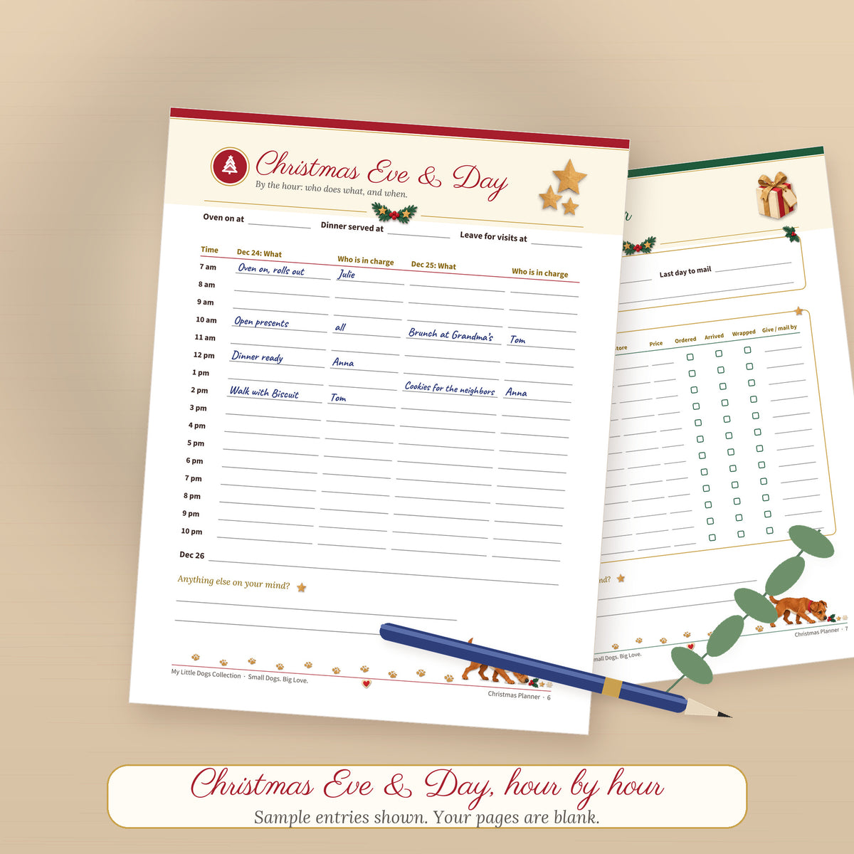 Christmas Eve and Day by the hour planner page filled in by hand on a desk next to a pen, with the gift tracker page behind it