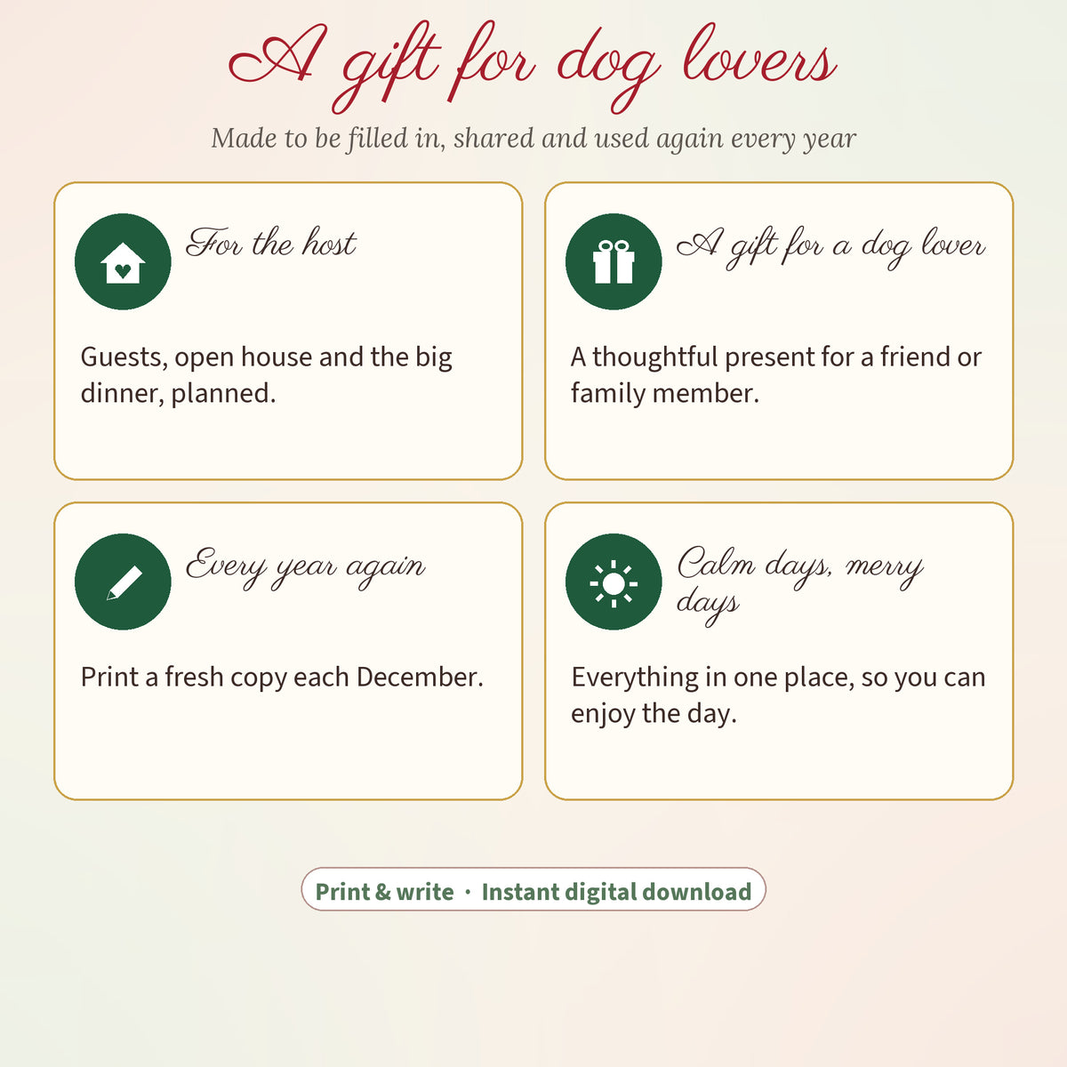 Printable Christmas planner as a gift for dog lovers, for hosts and to use again every year